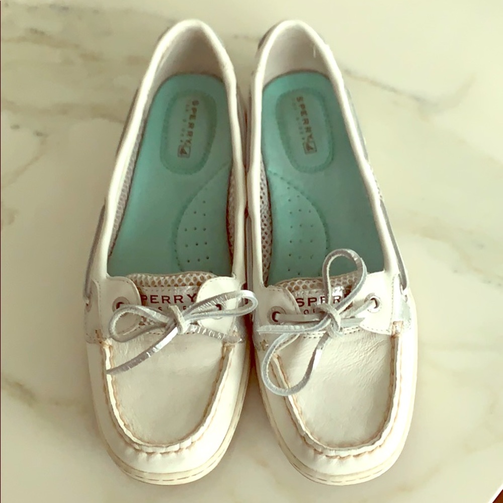 Sperry white and silver boat shoe